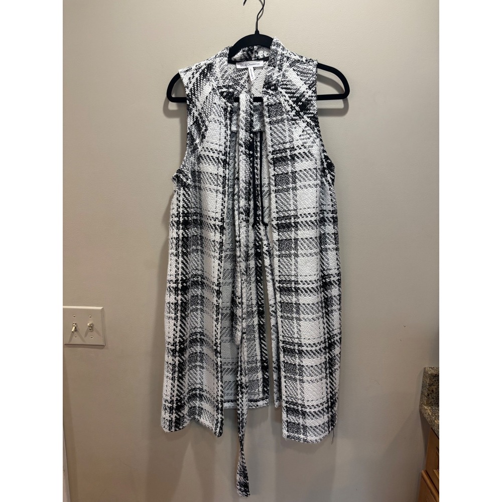 BCBGeneration Black White Plaid Longline‎ Belted Vest Sleeveless Tweed Jacket M